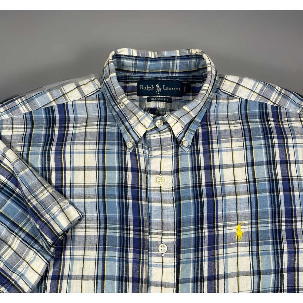 VTG-Ralph Lauren Classic Fit Linen Blend Shirt Men's M Plaid Button Short Sleeve